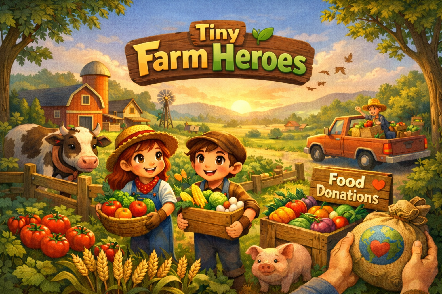 Tiny Farm Heroes — two children harvesting crops on a sunny farm
