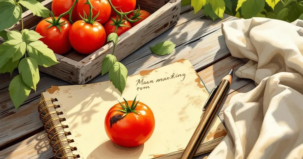 A weathered wooden garden table with ripe Roma tomatoes in morning light, one showing a dark sunken blossom end, beside a worn composition notebook labeled CALCIUM WARS