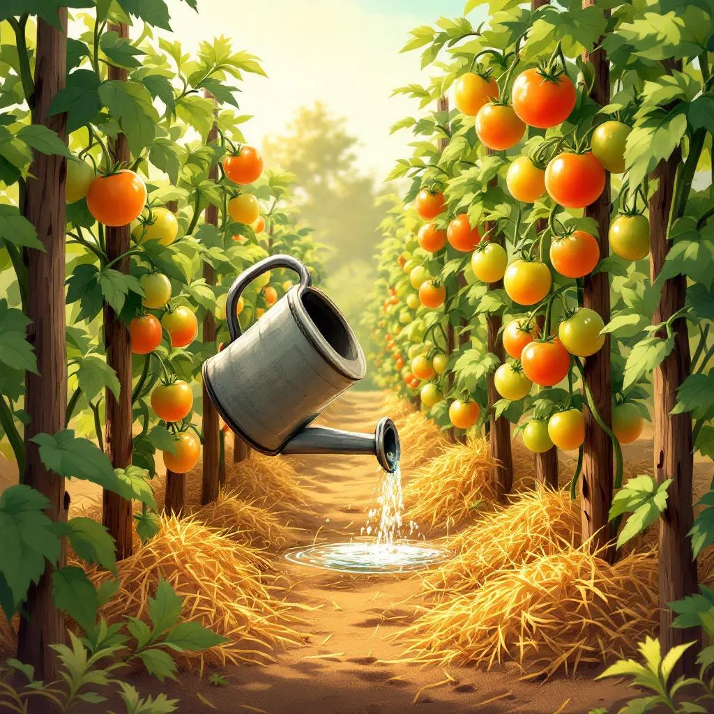A tin watering can pouring a slow steady stream at the base of staked tomato plants surrounded by thick golden straw mulch in warm afternoon light