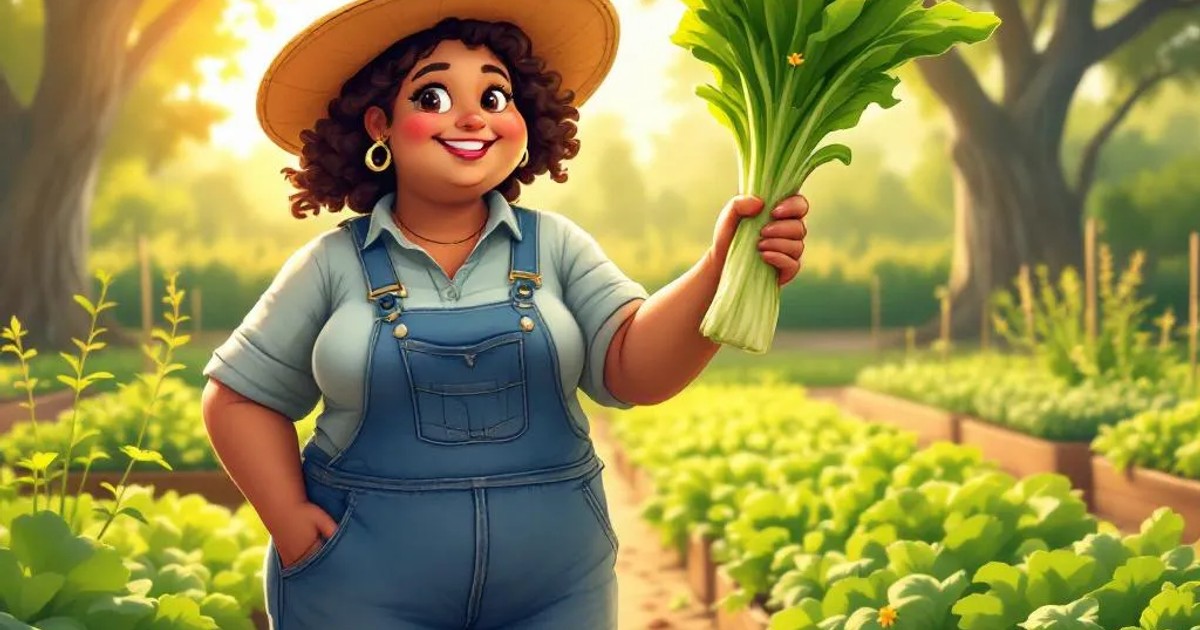 A cheerful stout farmer in denim overalls and wide-brimmed straw hat holds up a tall flowering lettuce stalk with yellow blooms in a lush bayou-country garden, grinning with pride