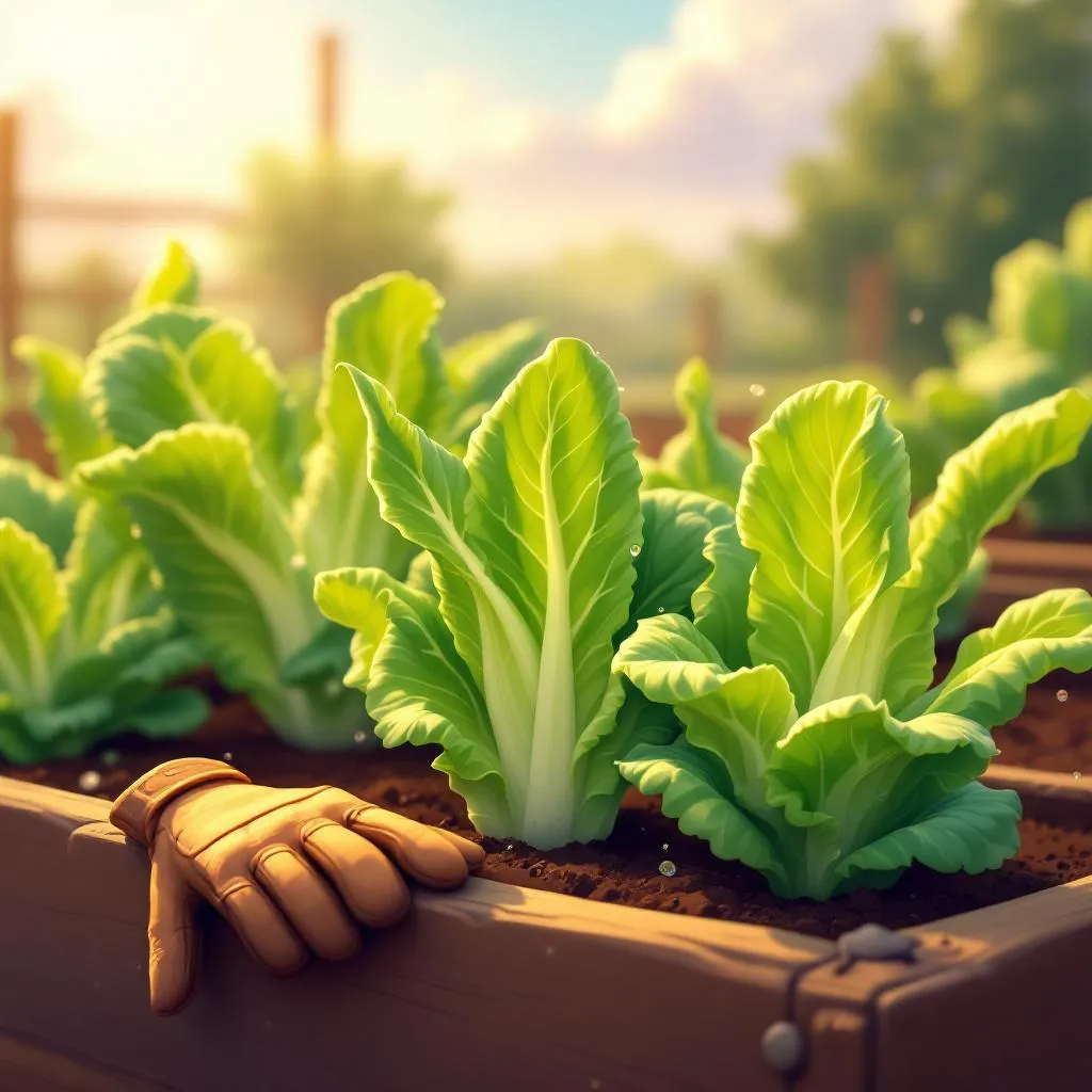 Several lettuce plants in a raised garden bed showing various stages of bolting, with tall central stalks and small yellow flower buds beginning to form