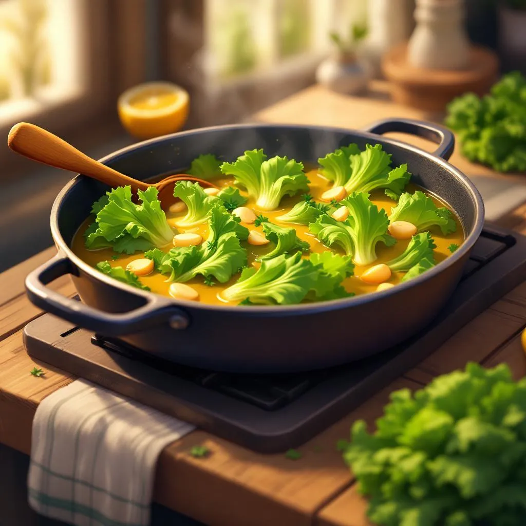 A cast-iron skillet filled with braised wilted lettuce greens in golden buttery broth with garlic and herbs, steam rising gently