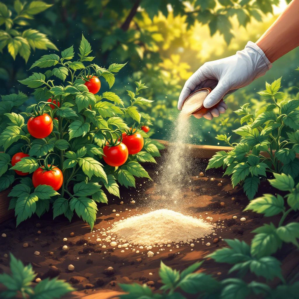 Gloved hands sprinkling bone meal around thriving tomato plants in a rustic raised garden bed at golden hour