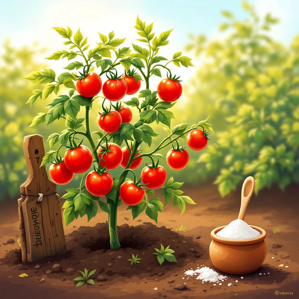 A healthy tomato plant with ripe red tomatoes next to a clay pot of bone meal powder and a wooden spoon