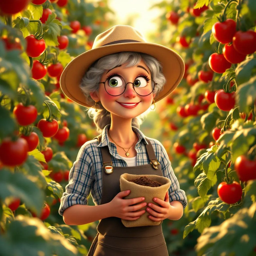 June Perkins standing in her garden beside towering heirloom tomato plants, holding a burlap sack of coffee grounds in warm golden morning light