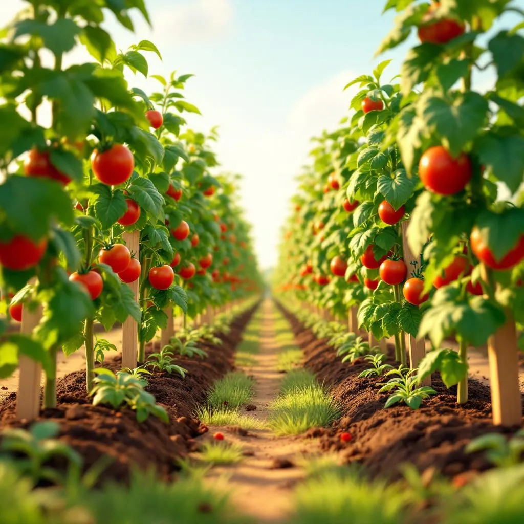 Two rows of tomato plants growing side by side — the coffee-grounds-amended row on the left is notably taller and more vigorous, with dark enriched soil visible at its base