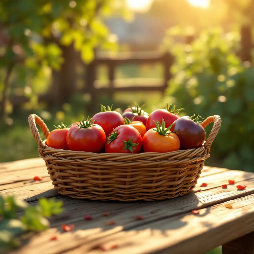 A woven harvest basket overflowing with ripe heirloom tomatoes in deep jewel reds and dusty purples, resting on a worn wooden farm table in warm afternoon light