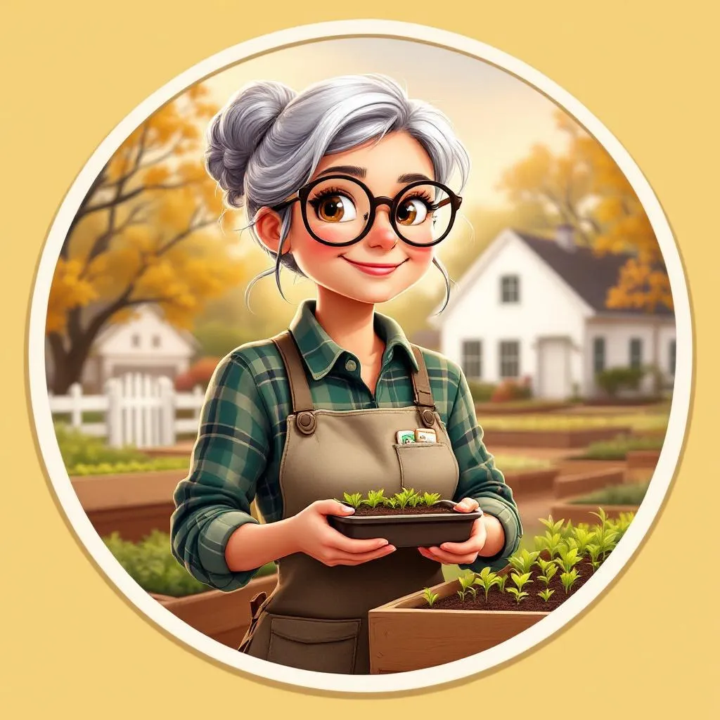 A warm storybook portrait of a woman in her early 60s with silver hair tucked into a loose bun, wearing wire-rimmed glasses and a canvas gardening apron over a green plaid flannel shirt, cradling a seedling tray gently in both hands with a knowing smile, an open cold frame and rows of tiny green seedlings visible behind her
