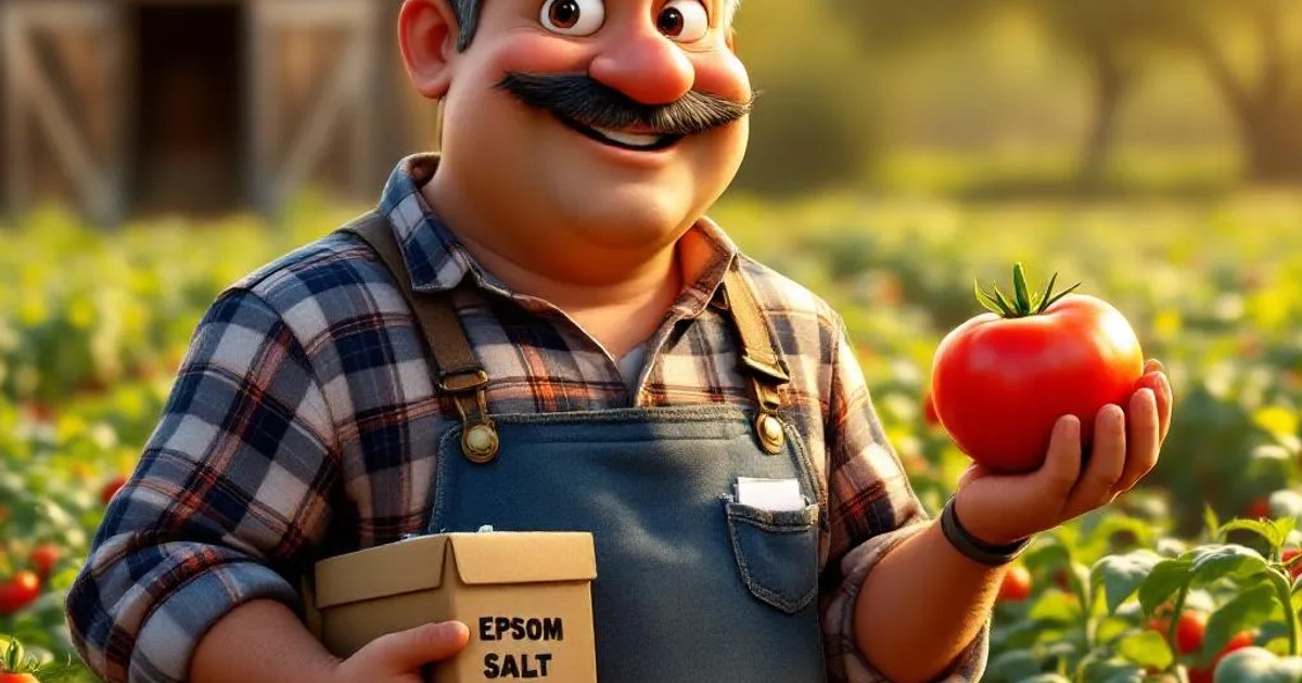 Salvador Mendez standing in his Texas Hill Country tomato patch, holding a box of Epsom salt and a bright red heirloom tomato, surrounded by healthy rows of tomato plants in warm morning light