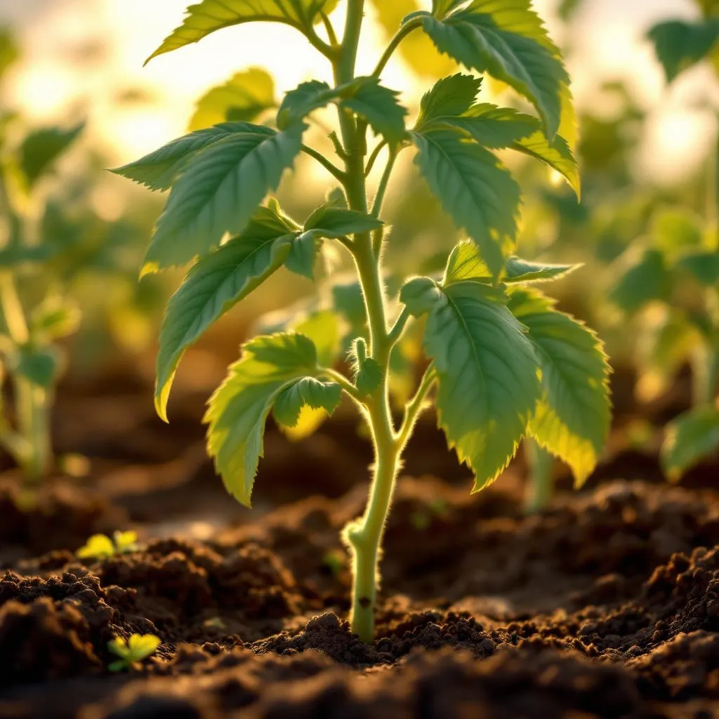 Tomato plant leaves showing yellowing between the veins while the veins themselves remain green — the classic sign of magnesium deficiency