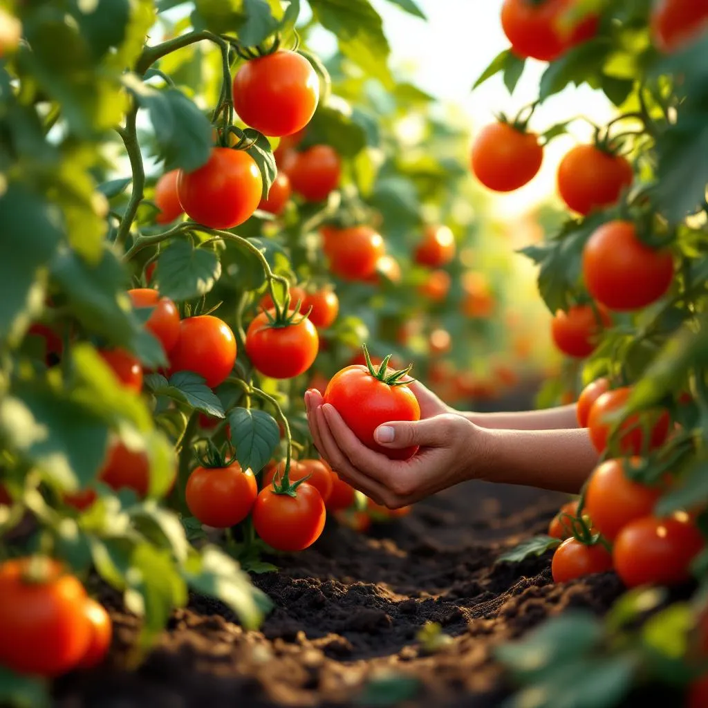 Lush, healthy tomato plants heavy with ripe red and orange heirloom tomatoes, with a farmer's weathered hands reaching in to check the fruit