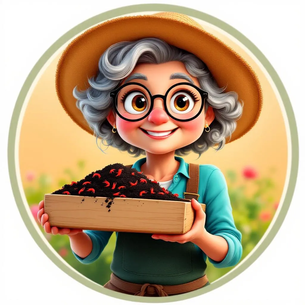 A storybook illustration portrait of a cheerful woman in her late sixties with silver-streaked curly hair tucked under a wide-brimmed straw hat and wire-rimmed glasses perched on her nose. She wears a soil-stained canvas apron over a bright teal flannel shirt and holds a wooden tray of dark, crumbly worm castings with a delighted grin. A fat red wiggler is draped over her thumb. The background hints at a lush backyard garden and weathered wooden compost bins.