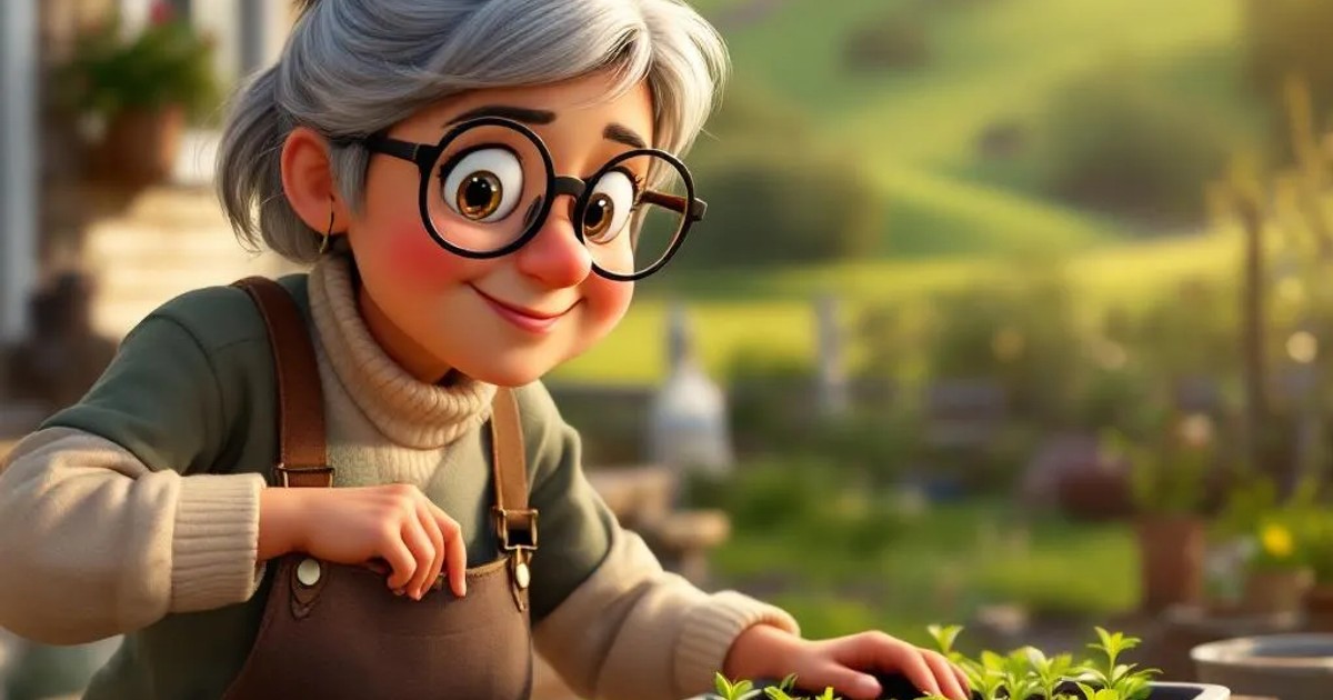 A woman in her early 60s with silver hair and wire-rimmed glasses carefully placing flat trays of seedlings on a wooden bench outside a weathered Vermont farmhouse, morning light, green hills in the background