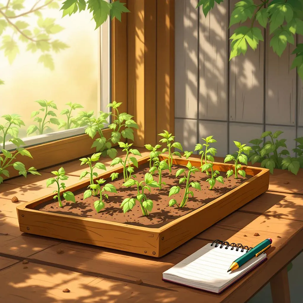 A flat of pale, leggy tomato seedlings sitting in dappled shade beside an open cold frame, a spiral-bound notebook resting on a nearby wooden bench