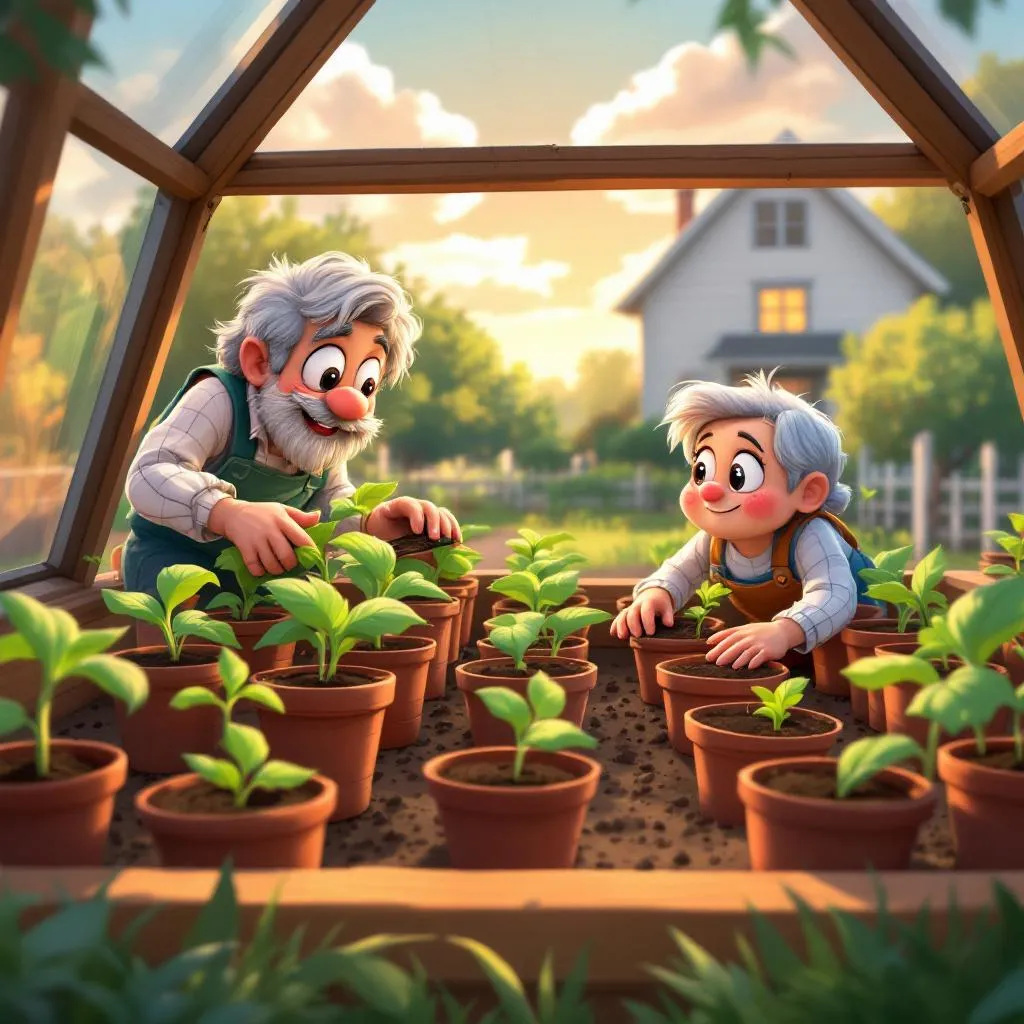 Healthy, stocky green seedlings in small pots arranged in rows inside a wooden cold frame with the lid propped open, a farmhouse visible softly in the background, a pair of hands checking the soil