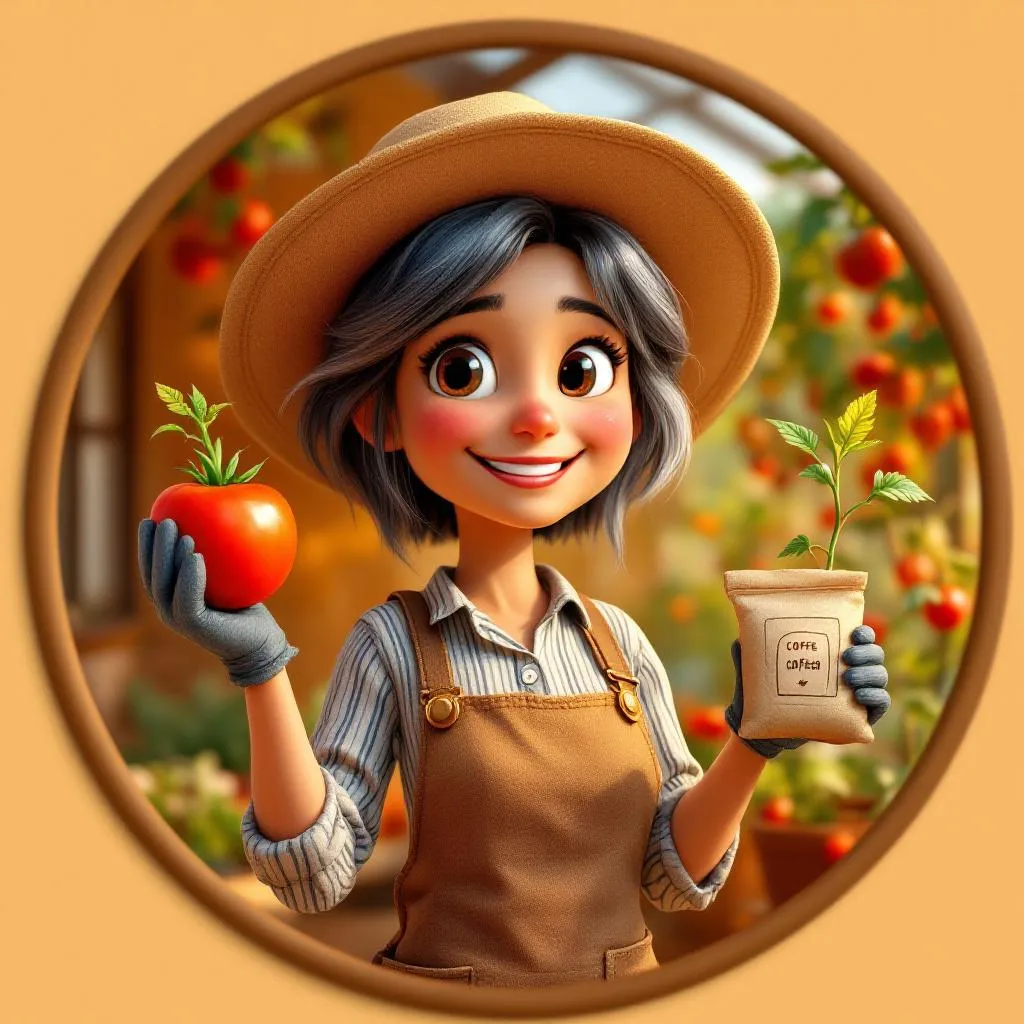 A warm, rosy-cheeked woman in her early 60s wearing a soil-dusted garden apron over a striped linen shirt, with a faded sun hat sporting a small enamel coffee cup pin on the brim. She's holding a thriving tomato seedling in one hand and a small burlap sack of coffee grounds in the other, grinning broadly against a lush greenhouse background.