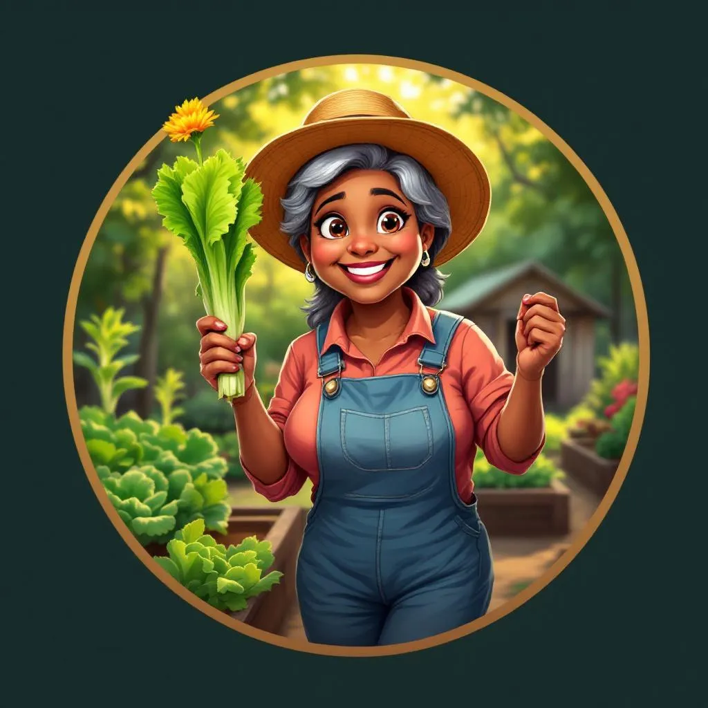 A storybook illustration portrait of a stout, cheerful woman in her early sixties with deep brown skin, silver-streaked hair tucked under a wide-brimmed straw hat adorned with a small ribbon. She wears faded denim overalls over a coral linen shirt and holds up a tall, flowering lettuce stalk like she's showing off a trophy, grinning with knowing delight. A warm bayou-country garden stretches behind her.