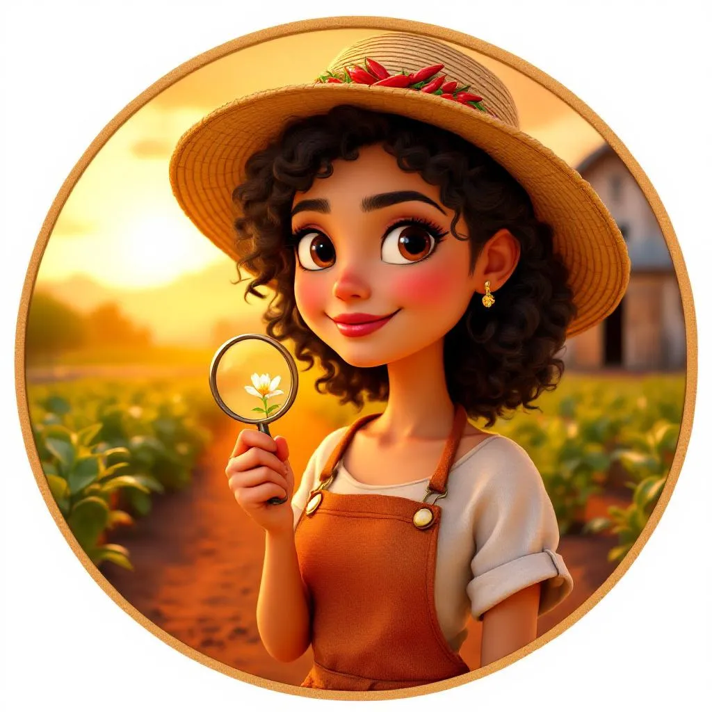 A warm-skinned woman in her early forties with dark curly hair tucked under a wide-brimmed straw hat decorated with a small dried chile garland. She's wearing a rust-orange linen apron over a white blouse and is holding a small magnifying glass up to a pepper blossom with an expression of gentle, curious concentration. Rows of pepper plants stretch behind her in the soft afternoon light.
