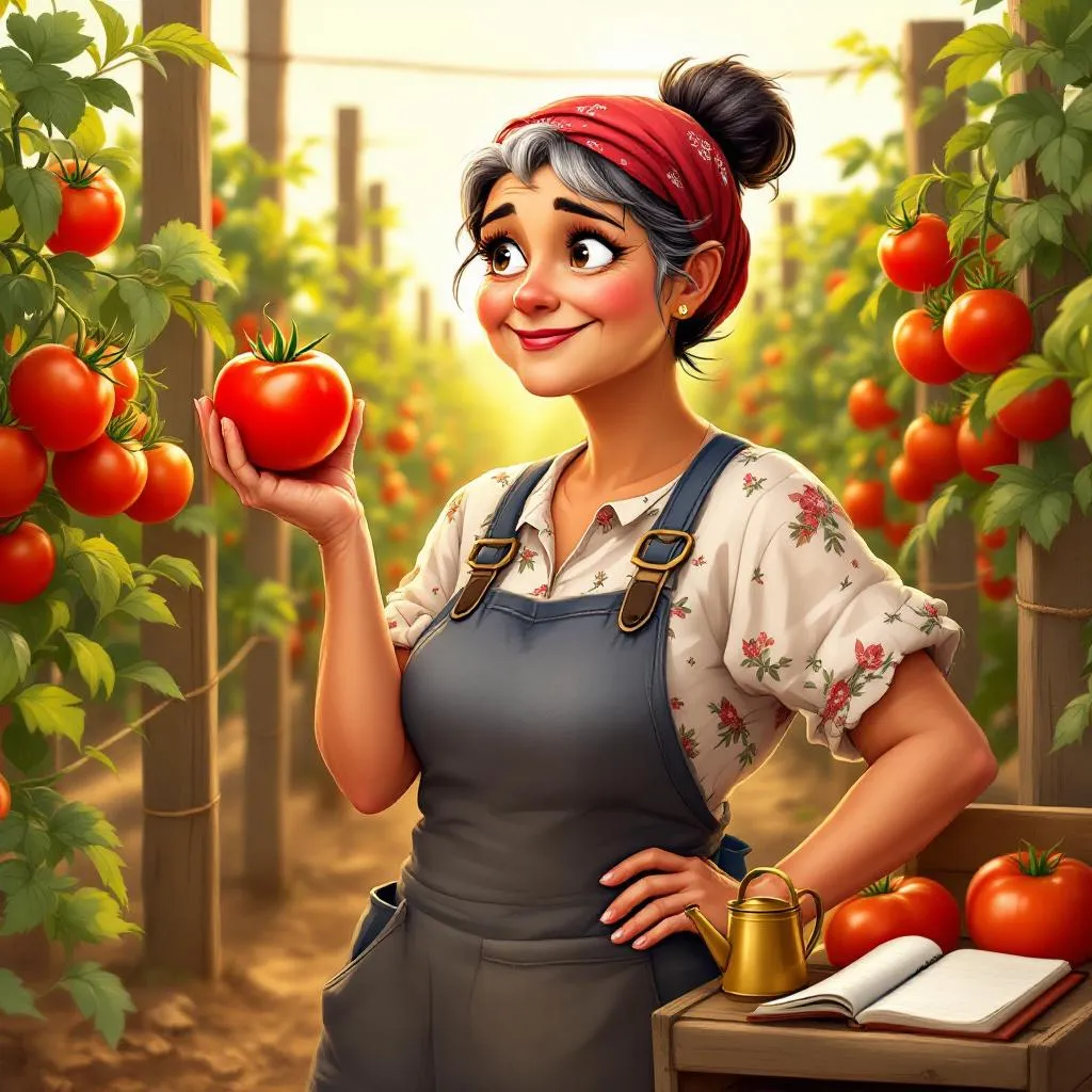 Storybook portrait of a warm, stout older woman with silver-streaked dark hair tucked under a sun-faded red bandana, wearing a floral blouse under a clay-stained denim apron, holding a plump ripe tomato up to the light with a knowing squint, a lush tomato garden climbing tall wooden stakes behind her