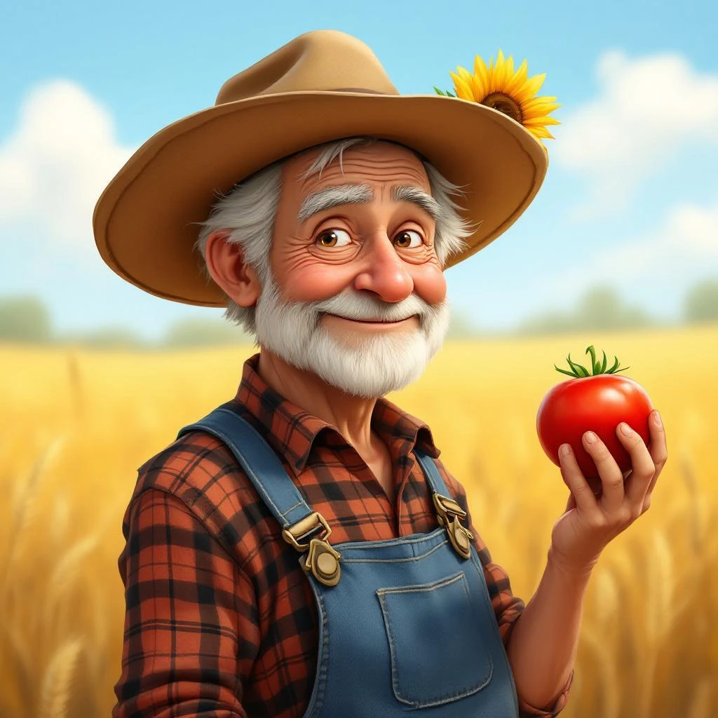 Old Mac Donald — a cheerful elderly farmer in denim overalls and a straw hat, proudly holding a ripe red tomato
