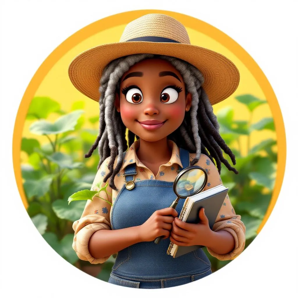 A warm, sturdy Black woman in her early 60s with silver-streaked locs pinned up under a wide-brimmed straw hat, wearing a faded denim apron over a floral blouse. She's crouching in a cucumber row, magnifying glass in one hand and a small spiral notebook tucked under her arm, examining a leaf with a focused, gentle expression.