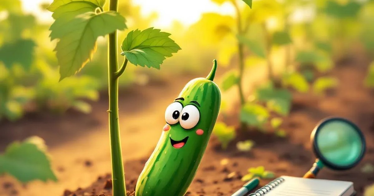 A tidy garden row of cucumber vines in warm morning light, one plant showing yellowing lower leaves amid healthy green growth, a small spiral notebook and magnifying glass resting on the dark soil nearby