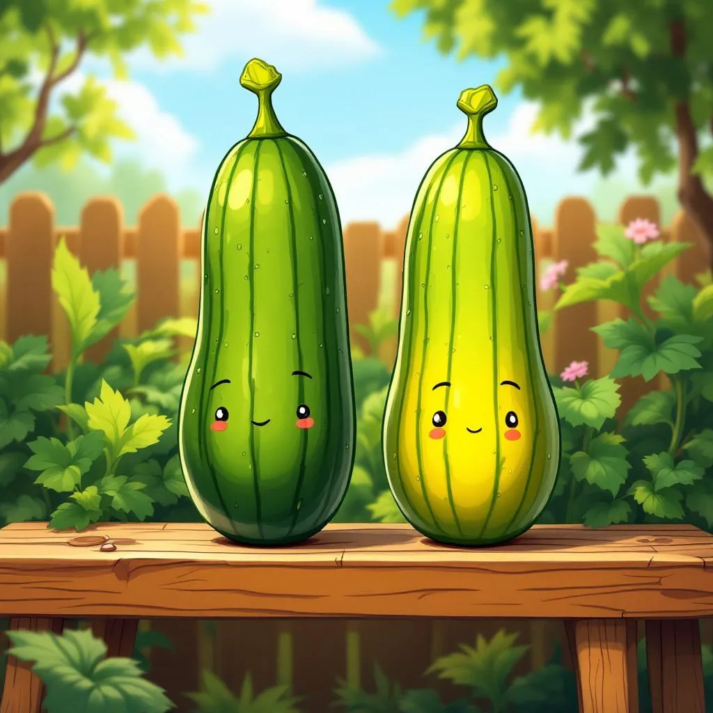Two cucumber leaves side by side — one showing even yellowing spreading from the tip inward, the other a healthy deep green — on a potting bench in a sunny garden