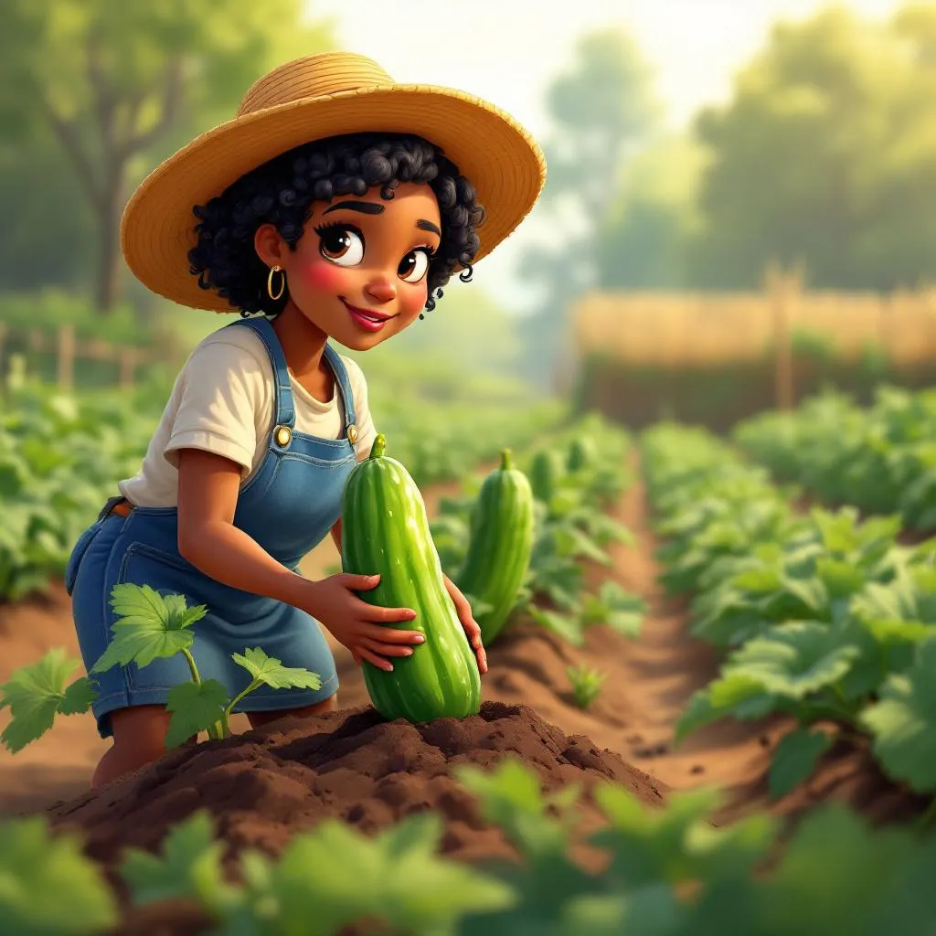 An older Black woman in a denim apron and wide-brimmed straw hat pressing fresh dark compost into the soil around a thriving cucumber plant, rows of lush green vines behind her in a tidy summer garden