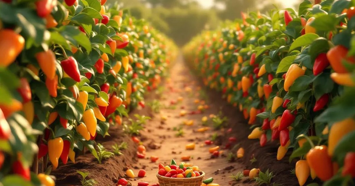 Lush rows of pepper plants loaded with colorful ripe peppers in warm afternoon sunlight on a North Carolina farm
