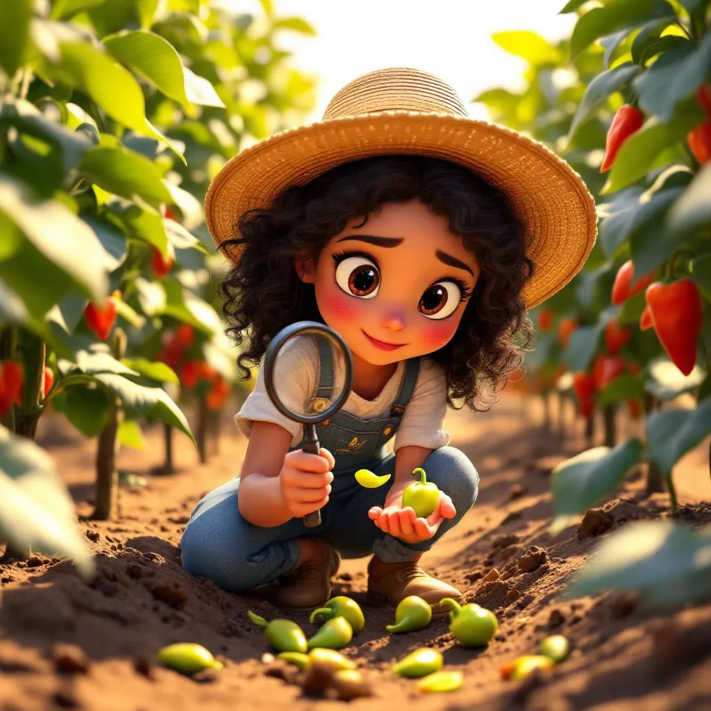 Nadia examining a fallen pepper blossom cupped in her palm between rows of pepper plants