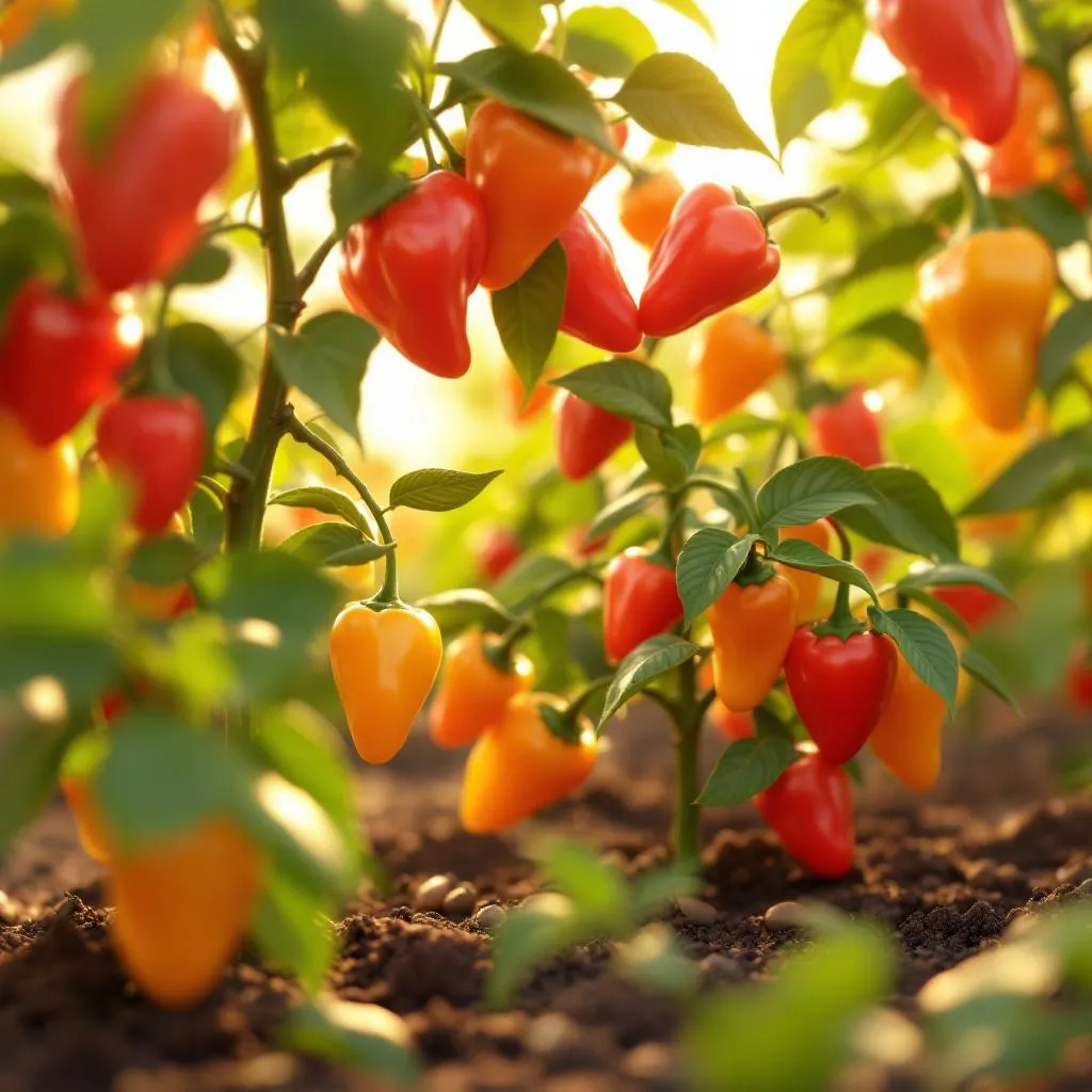 Healthy pepper plant branches loaded with ripe red, orange, and yellow peppers in soft morning light