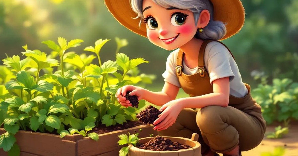 A cheerful silver-haired woman in a wide straw hat and canvas apron crouching beside raised wooden vegetable garden beds, scooping dark worm castings from a bucket to work into the soil around lush green plants in warm afternoon light