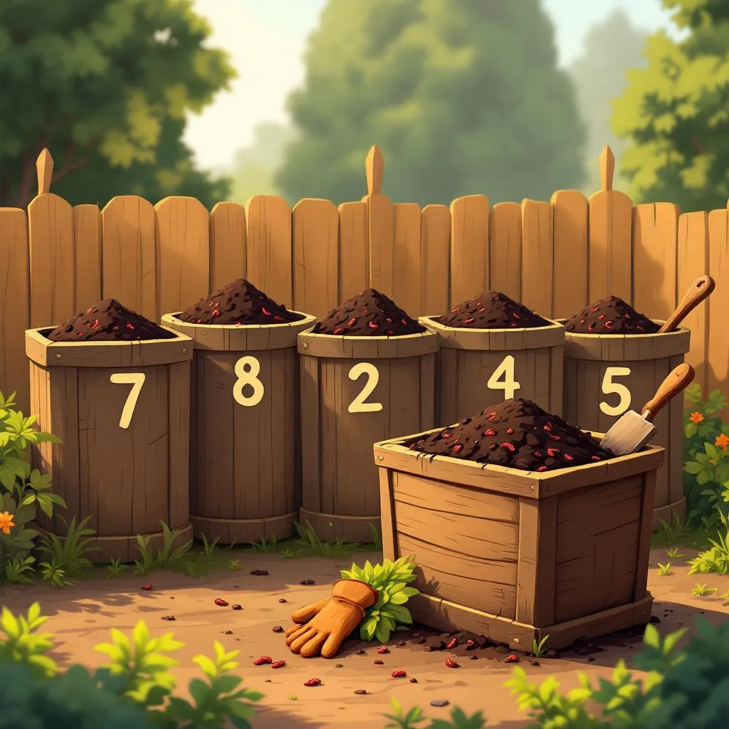 Five weathered wooden compost bins labeled with hand-painted numbers in a sunny backyard garden, the nearest bin open to reveal dark rich vermicompost with red worms visible, worn leather gloves and a wooden trowel resting on the edge