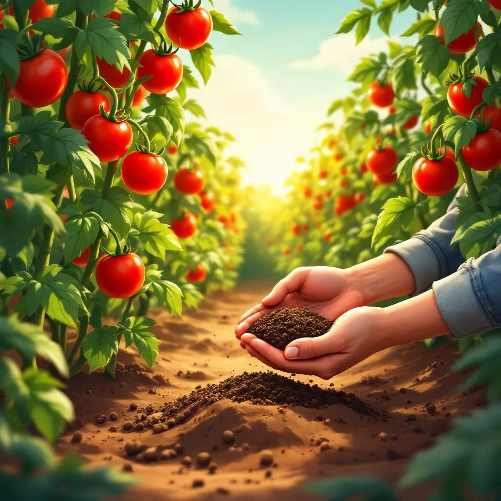 A thriving summer vegetable garden with tall dark-green tomato plants heavy with red fruit, a gardener's hands pressing dark crumbly worm castings into the soil at the base of a large tomato plant in bright afternoon sunlight